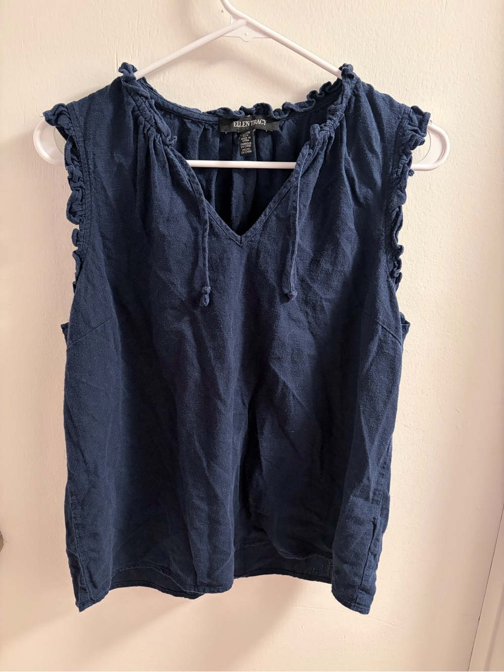 Ellen Tracy Navy Ruffle-Trim V-Neck Tank